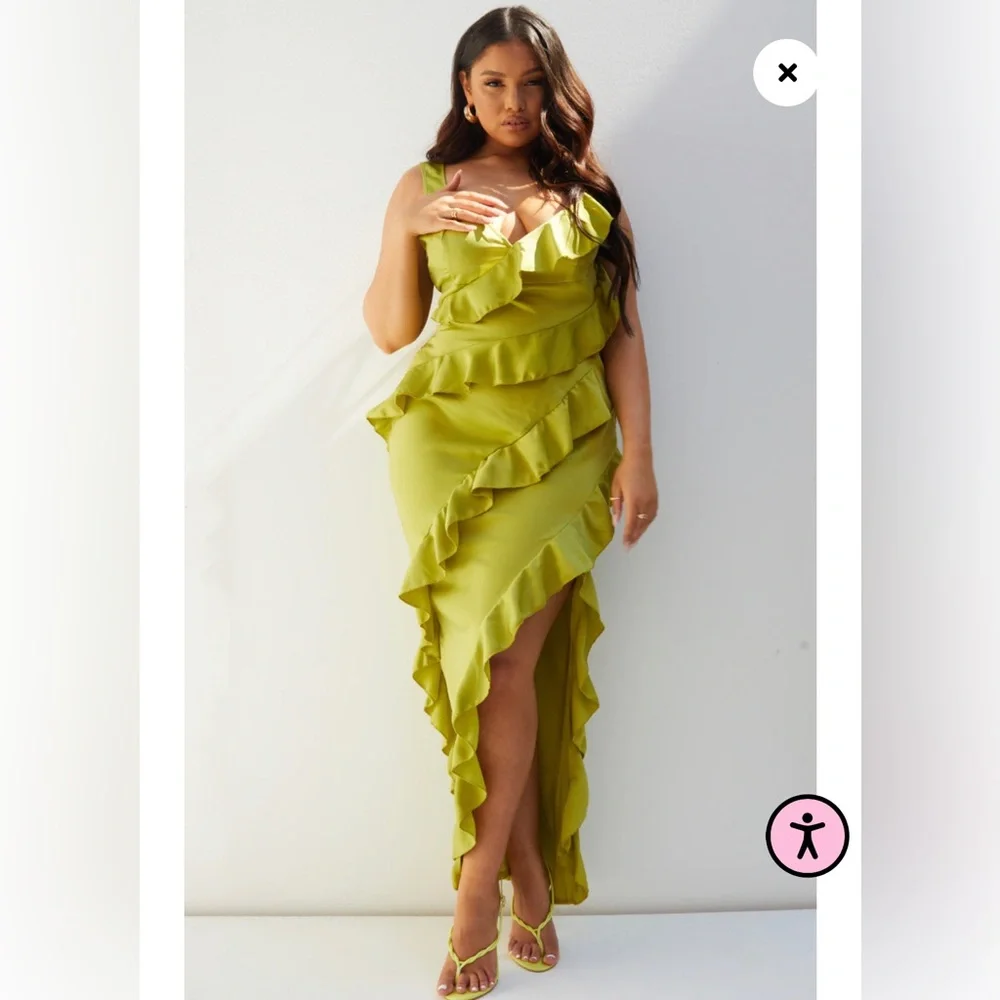 PrettyLittleThing Lime Ruffle Maxi Dress - Picture 2 of 3